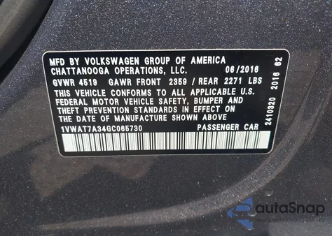 2016 Volkswagen Passat 1.8T R-Line из США, поврежденный, VIN 1VWAT7A34GC065730